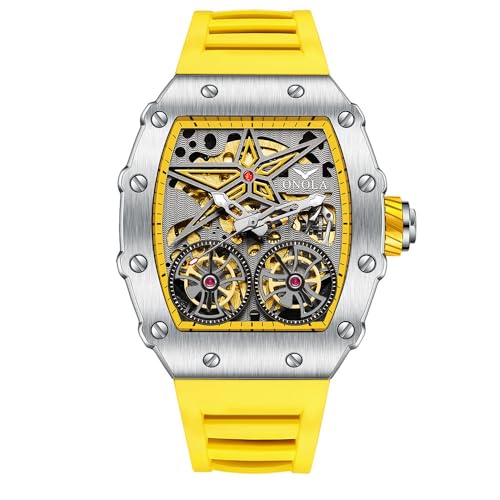 DAXIAOYU Fashion Tonneau Automatic Watch for Men Vintage Double Tourbillon Hollow Out Watches Waterproof Luminous Sports Mechanical Wristwatch (Yellow)