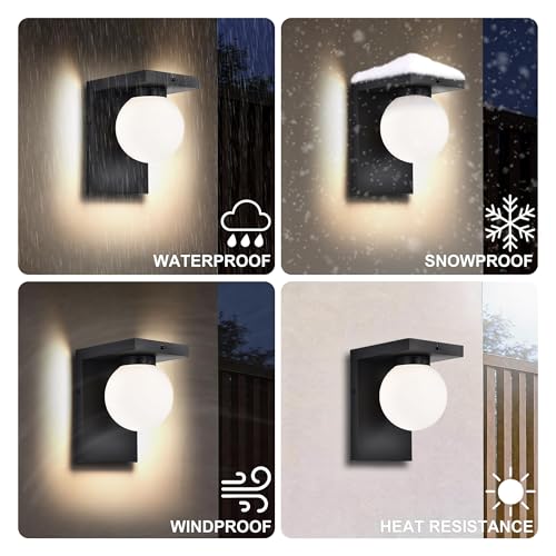 Image of LED Outdoor Wall Lights, Frosted Glass Globe Porch Light, Black Exterior Light Fixture, Motion and Photocell Sensor, 12 Watt 3000K Waterproof, Patio Front Door, Garage, Hardwired, 2 Pack