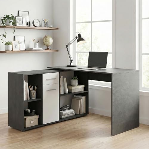 IDIMEX Bureau d'angle Carmen Table avec Meuble de Rangement intégré avec 4 étagères 1 Porte et 1 tiroir, décor béton foncé et Blanc Mat