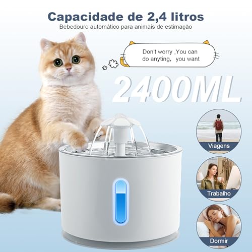 Fonte de Água Para Gatos De 2.4L Com Filtro Fonte De Água Elétrica Para Animais De Estimação, Fonte