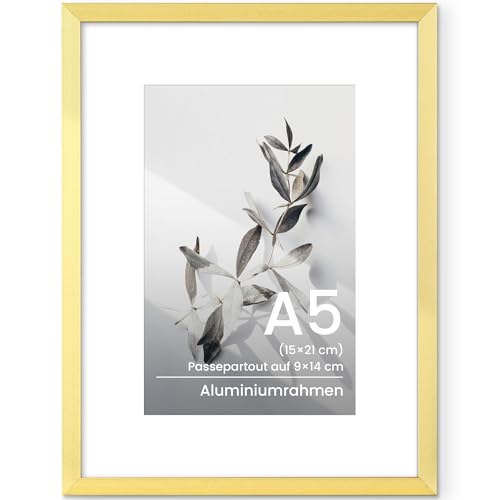 Feihorrm Marco de fotos de aluminio A5, 15 x 21 cm, para fotos de 15 x 21 cm sin paspartú o fotos de 9 x 14 cm con paspartú, marco de metal con cristal templado (dorado, 1 unidad)