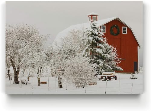 Renditions Gallery Vintage Abstract Prints for Home Decor Red Snowy Barn Christmas on the Farm Wall Hanging Picture & Prints for Bedroom Dining Living Room Office Home Kitchen Decor - 28"X40" LT18
