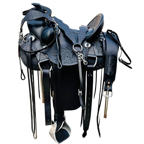 AHS usa Premium Black Leather Western Custom Wade Saddle with Complete Tack Set & Bucking Rolls Attached | Floral Carving | (16.5\")