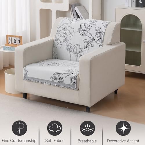 Image of HOKIPO Serene Abode Sofa Cover 1 Seater, 180x60 cm, White Rose Garden