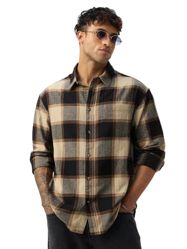Image of The Souled Store: Sea-Side Men and Boys Long Sleeve Spread Collar Black and Tan Plaid Print Cotton Lightweight Easy to Style Everyday Office Wear Relaxed Shirt