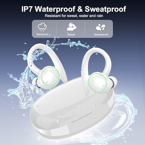 Image of Wireless Earbuds, Bluetooth 5.4 Headphones Sport, Over Ear Buds With ENC Noise Cancelling Mic, 48H, Wireless Earphone With Earhooks, Stereo Deep Bass, IP7 Waterproof for Workout Running, White