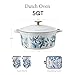 CAROTE 5 QT Cast Iron Dutch Oven Pot with Lid, Enameled Floral Dutch Ovens with Cotton Potholders & Oven Gloves, Gift Box, Cast Iron Pot for Sourdough Bread Baking, Braising, Stews, Roasting, Dual Handles, All Stovetop Compatible, Oven Safe up to 500° F, White & Blue