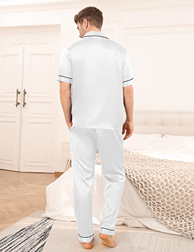 Image of SWOMOG Mens Satin Pajama Set Short Sleeve Classic Sleepwear Button Down Silky Loungewear with Long Pants