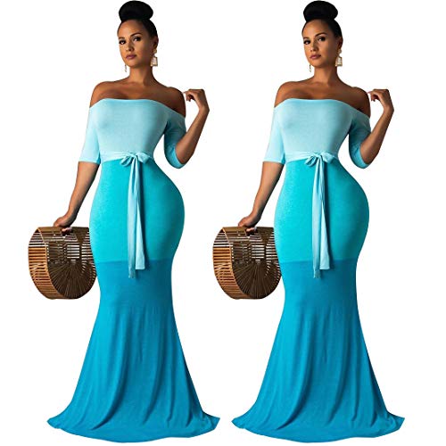 Fastkoala Sexy Long Maxi Dress for Women Off Shoulder Bodycon Color Block Mermaid Party Formal Dress Sky Blue XXL