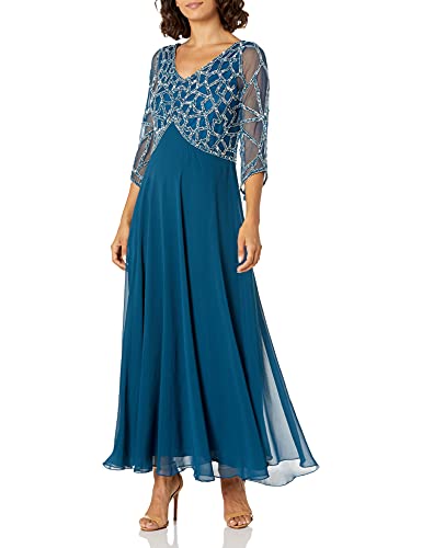 J Kara Women s Petite 3 4 Sleeve Geo Beaded Gown, Teal Silver, 6P