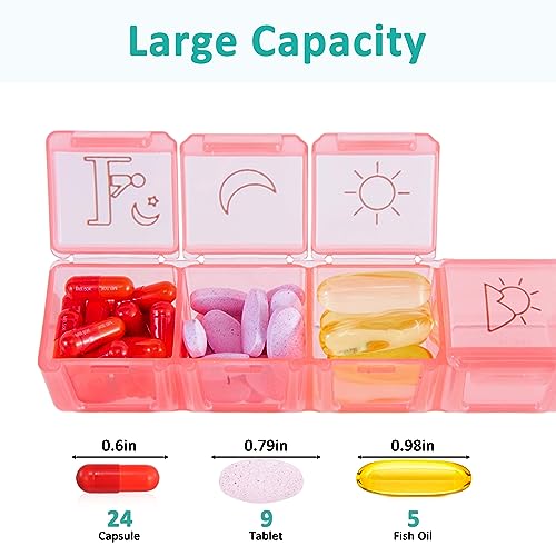 Image of Fullicon Weekly Pill Organizer 4 Times a Day, Pill Box 7 Day for Travel, Moisture-Proof Daily Pill Box Organizer, Large Pill Case for Medicine, Vitamin, Fish Oil, and Supplement (Clear and Green)