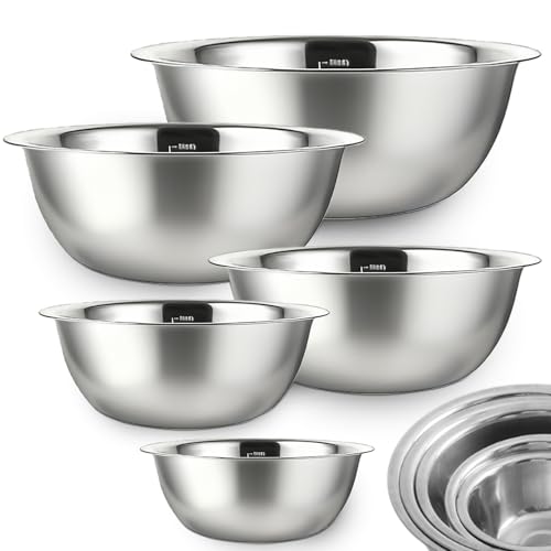 Bols Mélangeurs en Acier Inoxydable, Lot de 5 Cul de Poule Inox, Bols à Mélanger en Acier Inoxydable, Saladiers de Tailles Différentes (0.58 L, 0.9 L, 1.6...