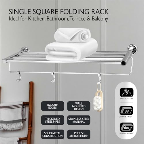Image of Zureni Folding Towel Rack for Bathroom with Multipurpose Hooks Wall Mount Hanger Bar Shelf Accessories and Fittings Stand Home Washroom Kitchen (Pack of 1, Silver, Square Rod)