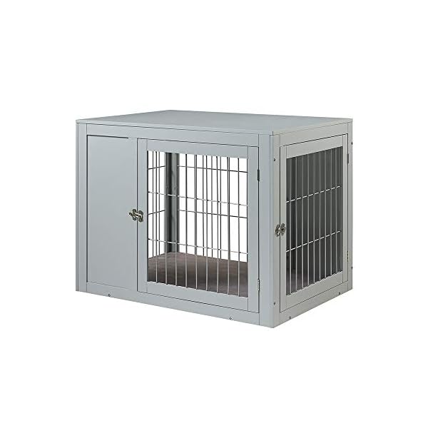 unipaws-Furniture-Style-Dog-Crate-End-Table-with-Cushion-Wooden-Wire-Pet-Kennels-with-Double-Doors-Medium-and-Large-Dog-House-Indoor-Use Wooden Wire Pet Kennels with Double Doors