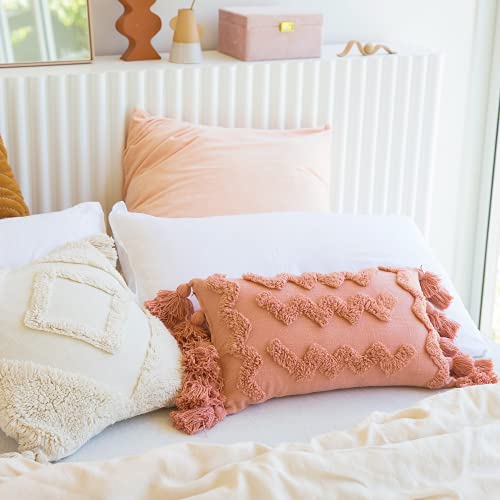Banilla Bohemian Lumbar 12X20 Pillow Cover |100% Cotton Boho Throw Pillow Cover Perfect For Bed Or Couch | Decorative Pillow Hand Tufted With Chunky Tassels | Pink Clay Lumbar Pillow Decorative #TOP3