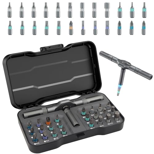 24 in 1 Magnetic Screwdriver Set, Ratchet Mini Screwdriver Set with Multi Bits, Portable Screwdriver Sets Detachable T Handle with Storage Case Repair Tool Kit for Furniture Computer Bicycle or DIY
