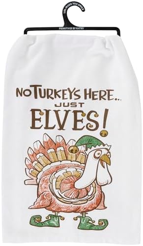 Primitives by Kathy Kitchen Towel - No Turkeys, from Our Fall & Harvest Collection displaying a Colorful Hand Illustrated Design of a Turkey Disguised as an elf with a Funny Sentiment image 2