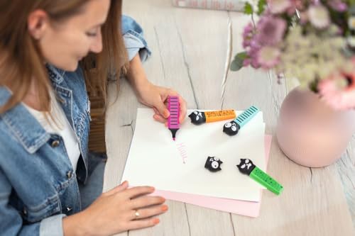 moses. Ed, the Cat Marker, 4 Highlighter im Set mit Katzenmotiv, 10 cm lang, 4 leuchtende Farben (Pink, Grün, Türkis & Orange) in Geschenkverpackung, lustige Marker für Schule, Büro & Alltag