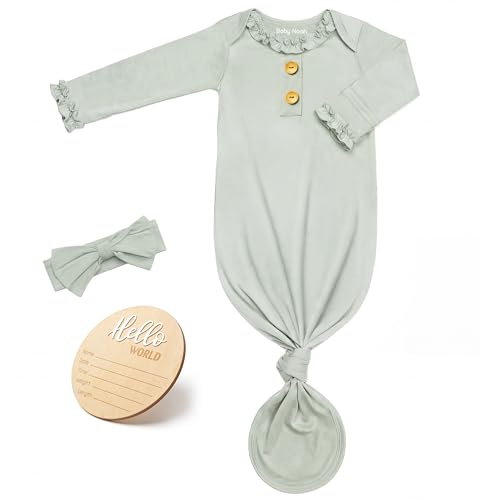 Newborn Knotted Gown for Baby Girls with Ruffle Neck & Sleeves Soft Infant Sleepers Gown with Decorative Wooden Buttons Matching Bow Headband & Announcement Sign (Light Tea Green)