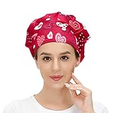 MUKJHOI Adjustable Working Caps, Valentine's Day Red Love Heart Pattern Tie Back Cover Hair Bouffant Hats Sweatband for Women Men, One Size Fit All