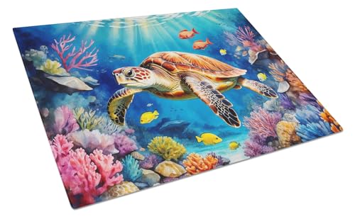 Caroline's Treasures Turtle and Reefs Glass Cutting Board Decorative Tempered Glass Kitchen Cutting and Serving Board Large Size Chopping Board