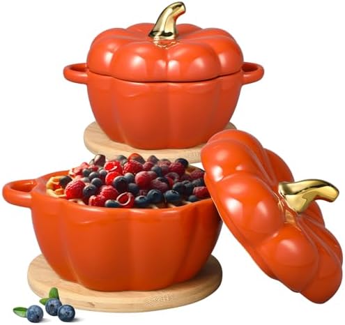 Zhehao Set of 2 Ceramic Pumpkin Bowl with Lid 15 oz Pumpkin Pot with Insulated Pads Fall Baking Cookware for Thanksgiving Dessert Seasonal Decorations(Orange) - Thumbnail 2