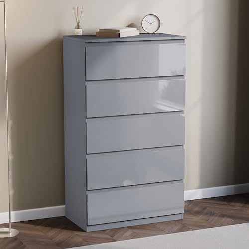 Image of Vida Designs Glinton 5 Drawer Chest of Drawers | Grey | 112H x 70W x 40D cm | Stylish High-Gloss | Space-Saving Storage | Smooth Metal Runner | Easy Assembly | Modern Bedroom Furniture Unit