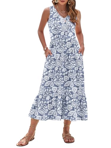 Image of AUSELILY Womens Summer Maxi Dress Casual Sleeveless V Neck Floral Dresses | A line shape with practical side pockets, Vacation dress for resort walks, Pair with low heels and simple jewelry