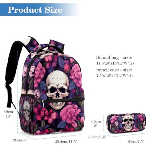 Sac à dos fleurs et crâne pour ne plus rien perdre à l'école avec trousse