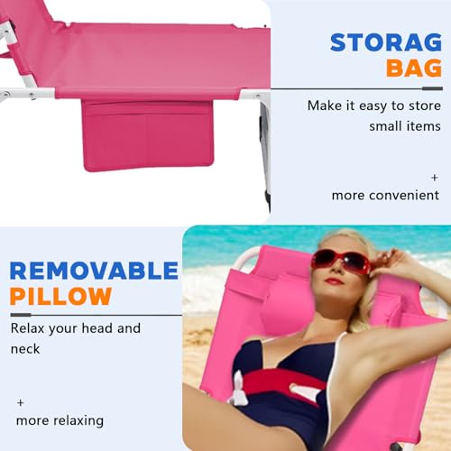 3-in-1 Heavy Duty Tanning Chair with Face Hole Adjustable 5-Position Folding Chaise Lounge Chairs Portable Lay Flat Beach Lounge Chair for Outdoor Sunbathing Patio Pool Lawn Camping Deck (Pink)