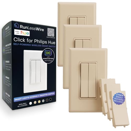 Image of RunLessWire Click for Hue Battery-Free Wireless Switch 3 Pack Light Almond | Dimmable Kinetic Switch Pairs Natively to Philips Hue Bridge, 4 Programmable Buttons to Control Scenes & Areas, 100ft Range