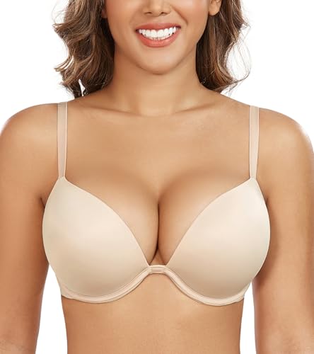DotVol Women's Thick Padded Push Up Deep Plunge Underwire T-Shirt Everyday Bra(Beige,32DD)