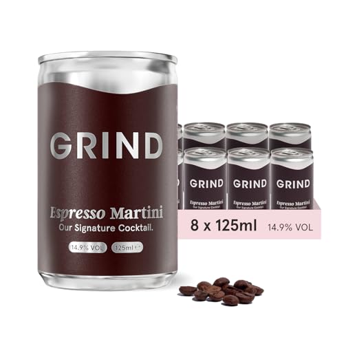 Grind Espresso Martini Tins Pack of 8 14.9% ABV Barista Quality Instant Barista Grade Coffee Ready to Drink Premixed Cocktails