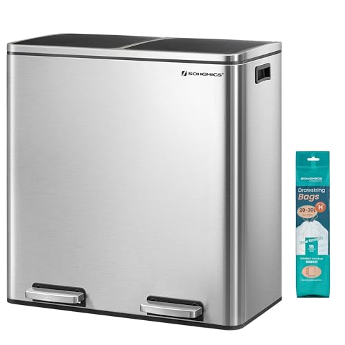 SONGMICS Poubelle à Double Compartiment 2 x 30L, avec 15 Sacs Poubelles, Pédales en Métal, 2 Seaux Intérieurs en Plastique, Couvercles, Poignées, Fermeture en Douceur, Argent et Noir LTB60NL