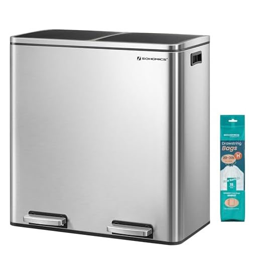SONGMICS Trash Can, 2 x 8-Gallon Garbage Can for Kitchen, with 15 Trash Bags, 2 Compartments, Plastic Inner Buckets and Hinged Lids, Airtight, Silver and Black ULTB60NL