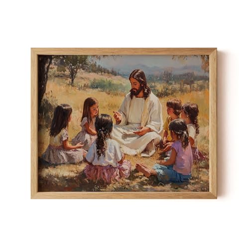 Jesus Teaching Children Wood Framed Wall Art Print Poster, Religious Christain God Painting Church Spiritual Christ Baptist Bible Home Decor 126 (Jesus Teaching Children, 10"L x 8"W, Wood Frame)