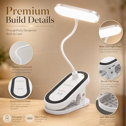 Image of One94Store FlexiBeam Design Rechargeable LED Clip Lamp | Wide Beam Flexible Desk & Bedside Light | USB Powered Study & Reading Lamp with Clamp Base | White