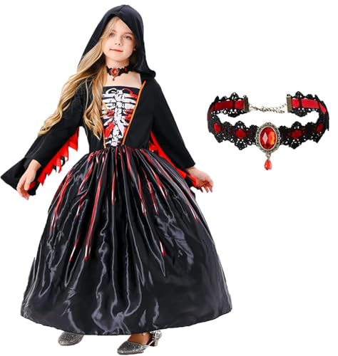 Tosekry Disfarce Halloween menina bruxa e esqueleto - vestidos com capuz e colares góticos (10-12 anos)