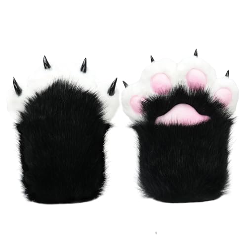 Furry Paws Gloves Soft Claw Finger Gloves for Furry Costume Perfect for Cat and Fox Fursuit Paws Therian Cosplay Accessories (Blcak-Pink Large)