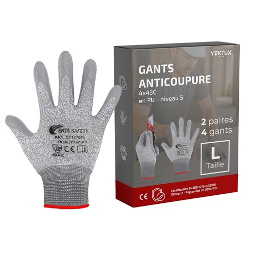 Gants Résistants aux Coupures Niveau 5 (4X43C) Taille L – Confort 3D Fit, Prise Ferme, Smart Touch, Fins et Légers,
