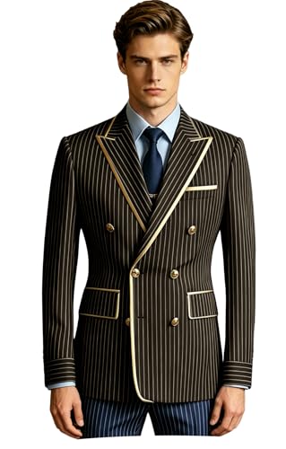 Image of Surciruit Men‘s Double Breasted Pinstripe Blazer Peak Lapel Gold Piping Trim & Gold Buttons Suit Jacket Flap Pockets, Dark Brown, S