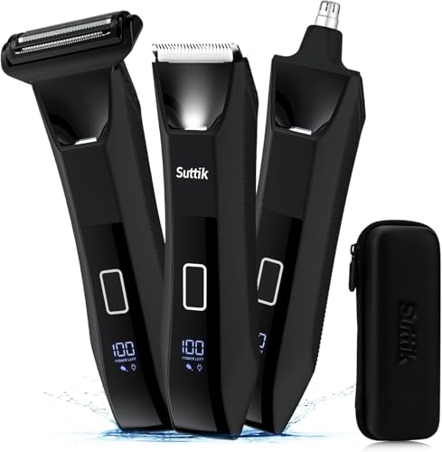 Suttik Mens 3-in-1 Body Hair Trimmer & Groin Hair Shaver - Waterproof Ceramic Blade Trimmer No-Nick Shaving LED Display IPX7 Waterproof
