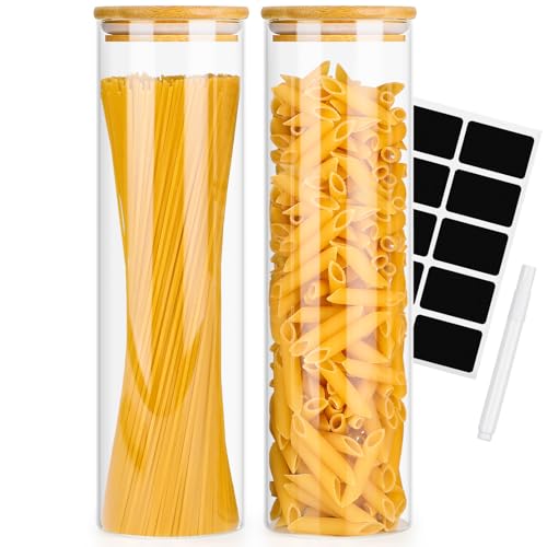 Avmvnvc 2PCS Tarros de Cristal con Tapa - Botes de Cristal con Tapa de Bambú - Frascos de Vidrio con Tapa - Botes Cristal Cocina Almacenaje para Espaguetis, Pasta, Cereales, Alubias, Té (1400ml×2)