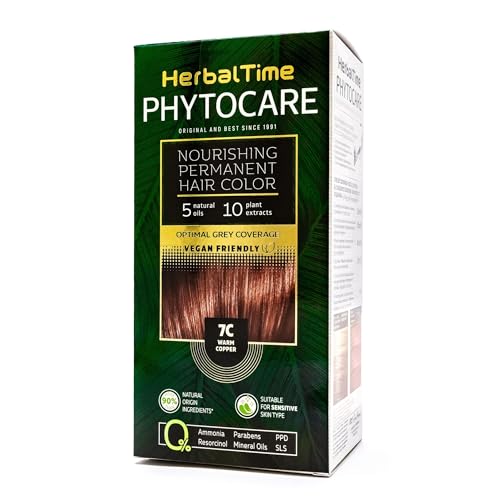 Herbal Time Phytocare Permanent Haarfärbung, Farbe Warmes Kupfer 7C | Professionelles Naturhaarfarbe Kit | Pflegt und schützt dein Haar | Ohne Ammoniak, PPD und SLS | 124,5 ml