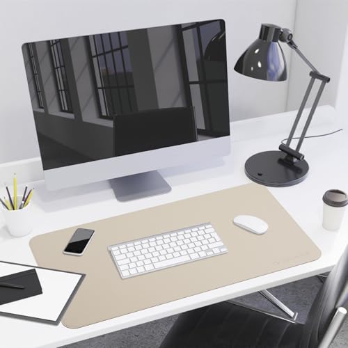 Image of AROPANA Vegan Leather Desk Mat | Large Reversible Mouse Pad & Computer Table Protector | Dual-Side Waterproof Extended Laptop Pad with Edge-Stitched Design (60x35CM, White and Coffee)