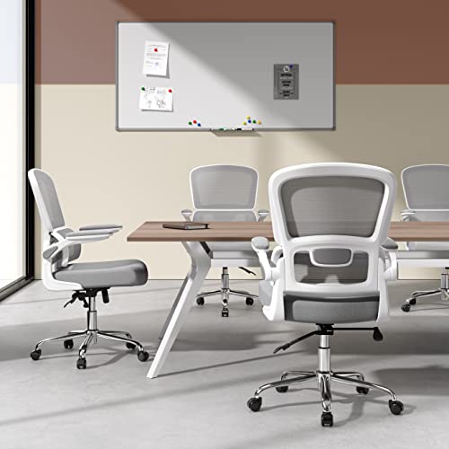 Logicfox Ergonomic Office Chair, Comfortable Office Chair With Flip-Up Arms, Adaptive Lumbar Support, Mesh Computer Chair With Thick Cushion, White Office Desk Chair With 90°-130° Tilt Function #TOP5