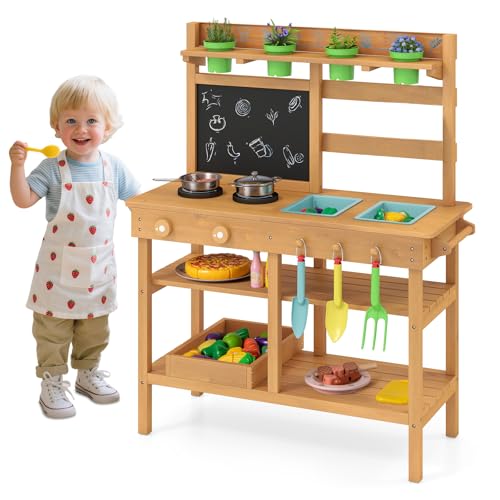 GYMAX Kids Mud Kitchen, Outdoor Toy Kitchen with Removable S