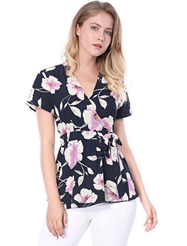 Allegra K Women's Elegant Floral Blouse Crossover V-Neck Tie Waist Wrap Peplum Top