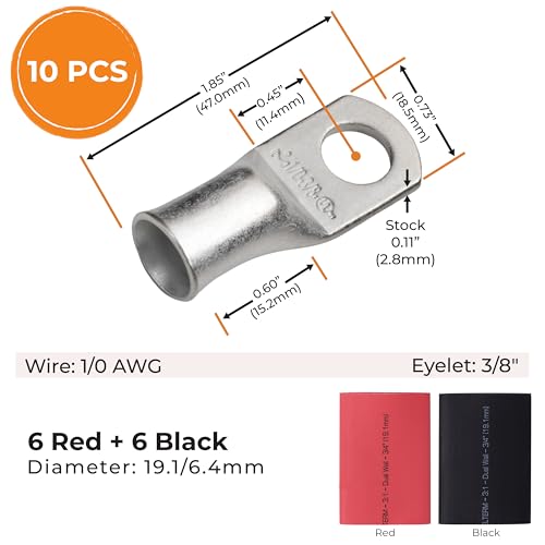 Image of SELTERM - 10 Pack, 1 /0 Awg, 3 /8 inch Battery Terminals, Ring Terminals Connectors with 12 Black and Red 3:1 Heat Shrink Tubing with Adhesive, Battery Cable Ends