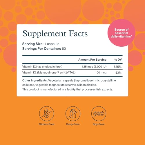 Youtheory K2D3 - Bone & Heart Health Support* - Combines Vitamin D3 & Vitamin K2 - Dairy, Soy & Gluten Free - 60 Vegetarian Capsules